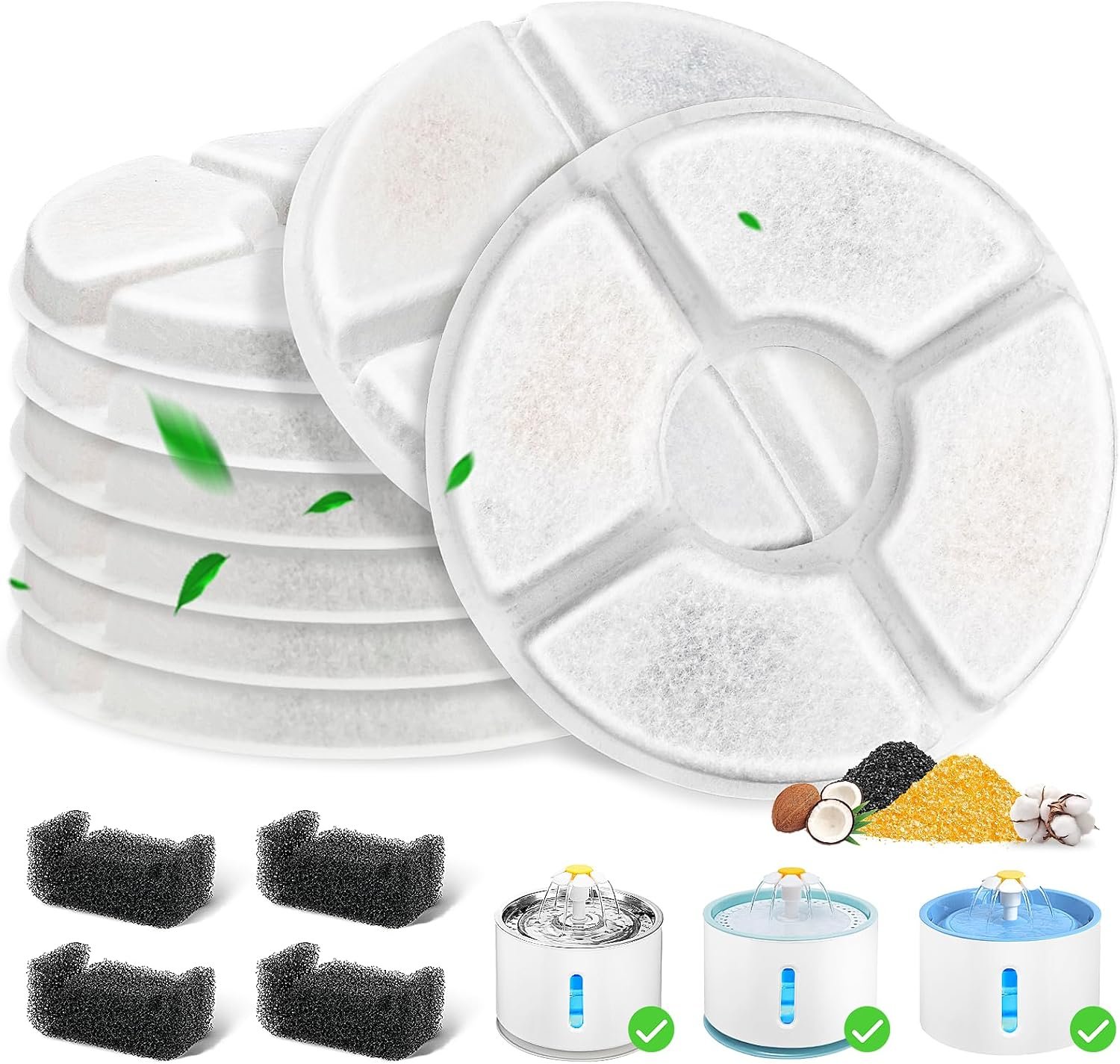 12 Pack Cat Water Fountain Filter, 8 Pcs Cat Fountain Filters Replacement Dia is 5″ & 4 Pcs Pre-Filter Sponges for 81oz / 2.4L Round Automatic Pet Water Fountain Dog Dispenser, 3-Filtration System