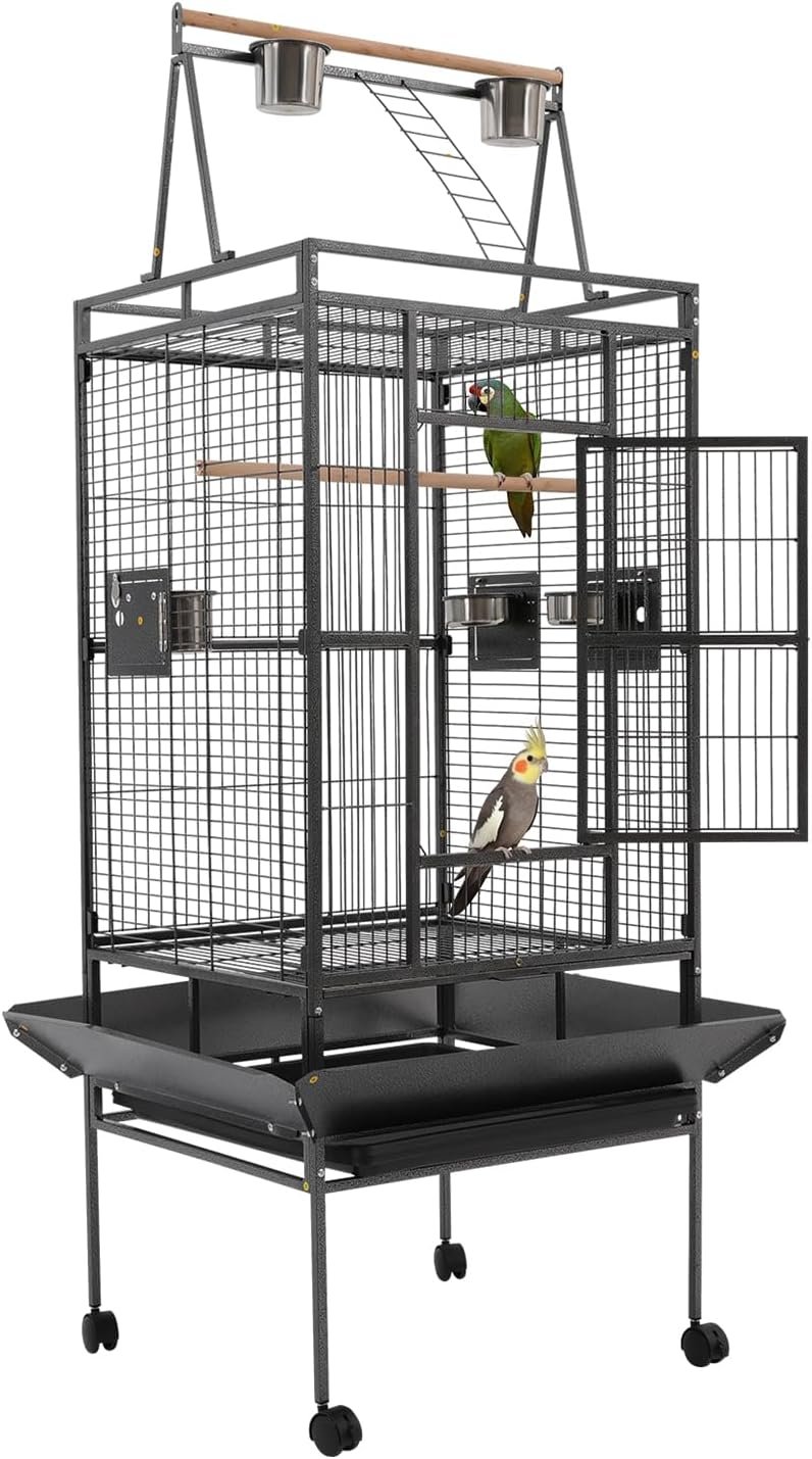 68″ Large Bird Cage with Playtop, Heavy Duty Rolling Stand for Parrots
