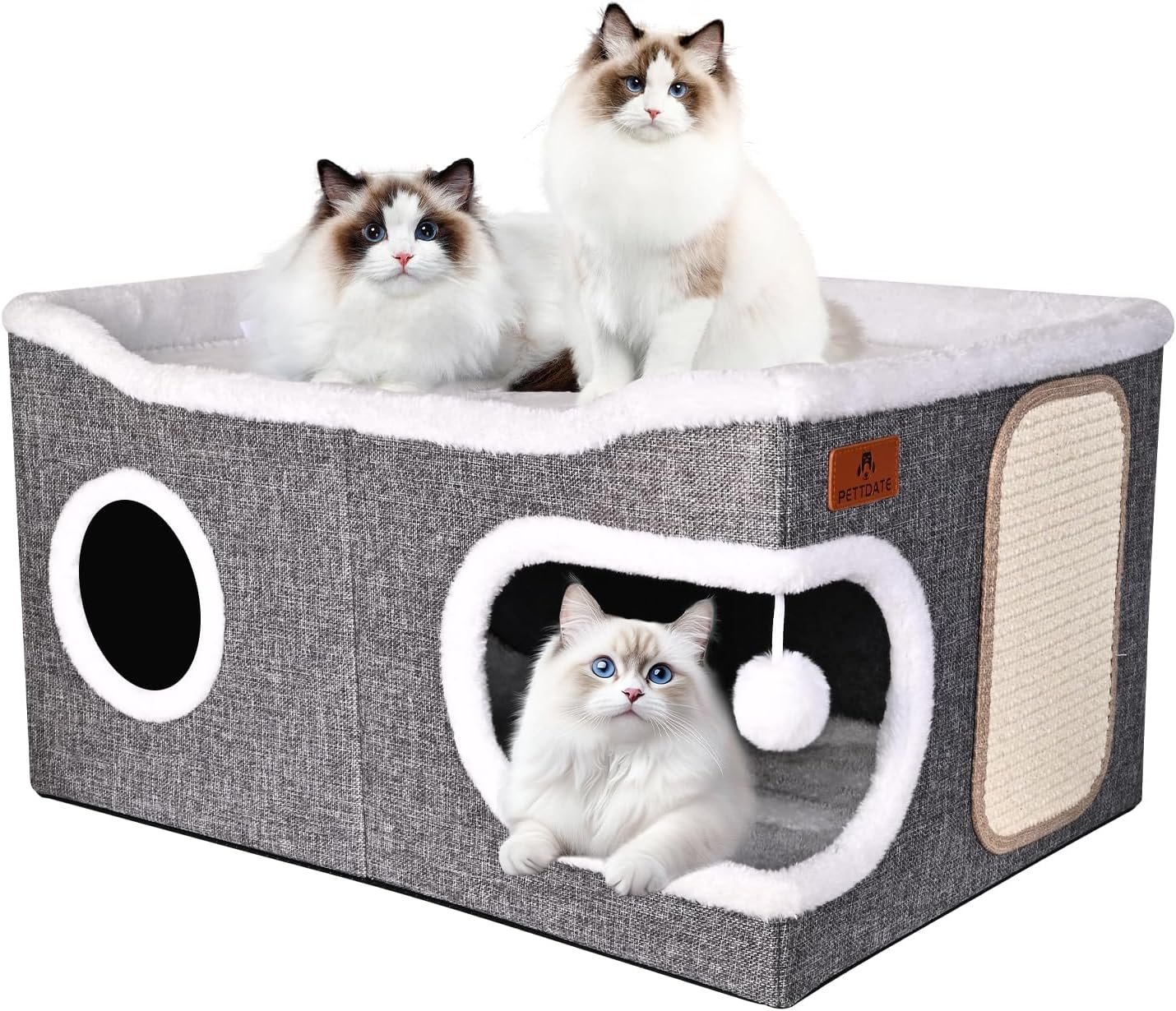 Extra Large Cat Beds for Indoor Cats, Covered Cat Cave Beds & Furniture with Scratch Pad and Fluffy Ball, Foldable Cat Condo Hideaway with Reversible Cushion for Multi Small Pet Large Kittens, Grey