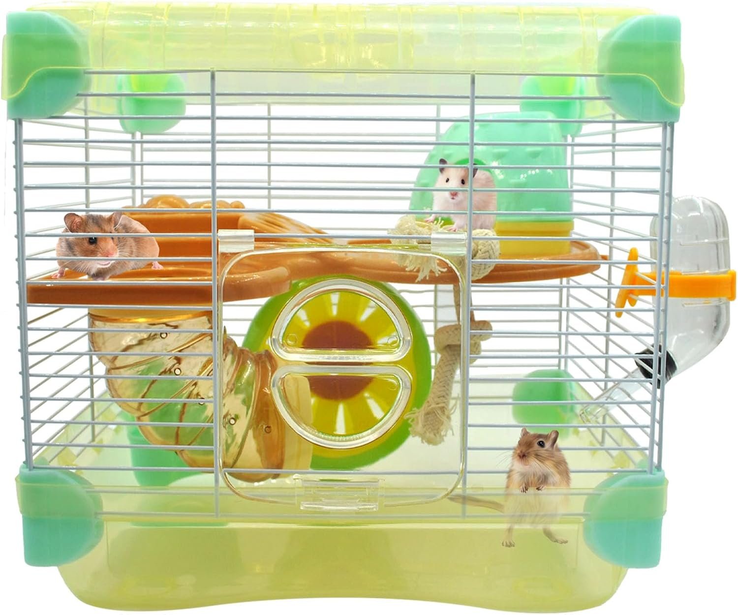 2 Layers Hamster Cage with Tubes Mouse Cage with Accessories Water Bottle Food Dish Transparent Hamster Habitat with Exercise Wheel for Hamster Guinea Pig Gerbil (10.9″ x 8.1″ x 9.8″ Yellow)