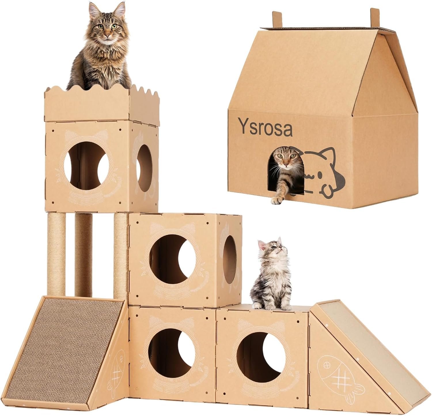 Cat Scratcher House, Corrugated Cardboard Cat House with Scratching Pad, Climbing Playhouse & Cat Condo for Indoor Kittens & Adult Cats, Hideaway for Playing, Resting & Furniture Protection