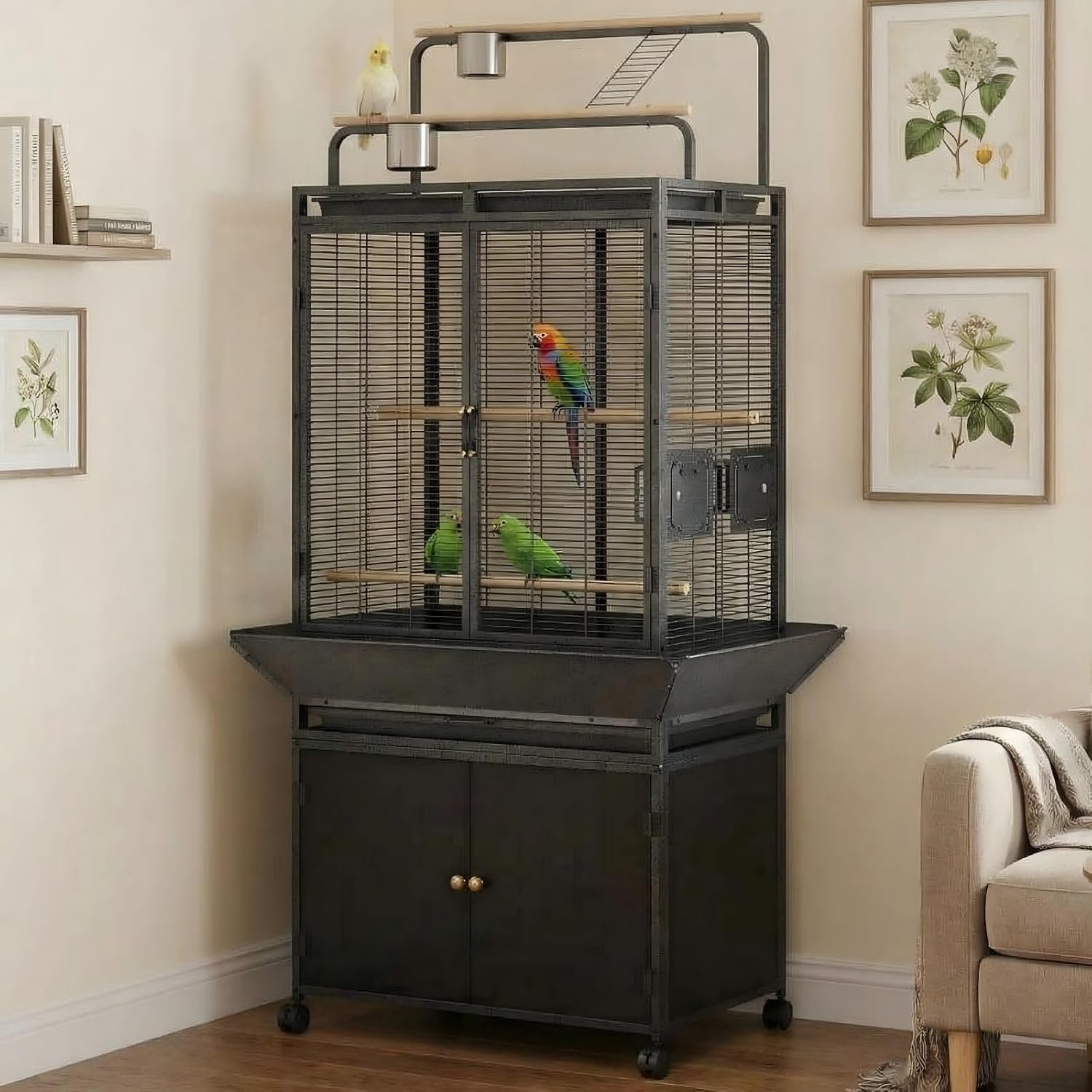 Large Bird Cage, 71″ h Rolling Birdcage with Play Top & Storage Cabinet, Wood Parakeet Cage for Macaw Parakeet Parrot Cockatiel Budgie (Dark Walnut)