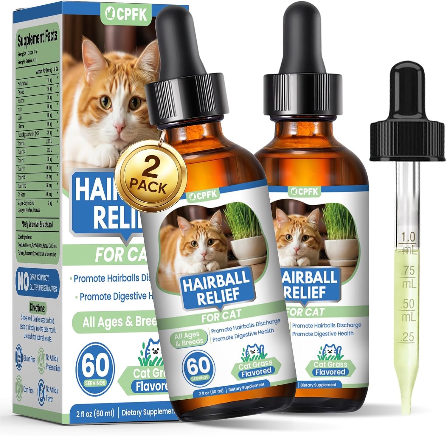 Cat Hairball Remedy Drops, 60 ml (2 fl oz) 2 Pack Cat Hair Ball Treatment Furball Control Relief Helps Eliminate and Prevent Hairballs for Indoor Cats Supports Skin and Coat Digestion