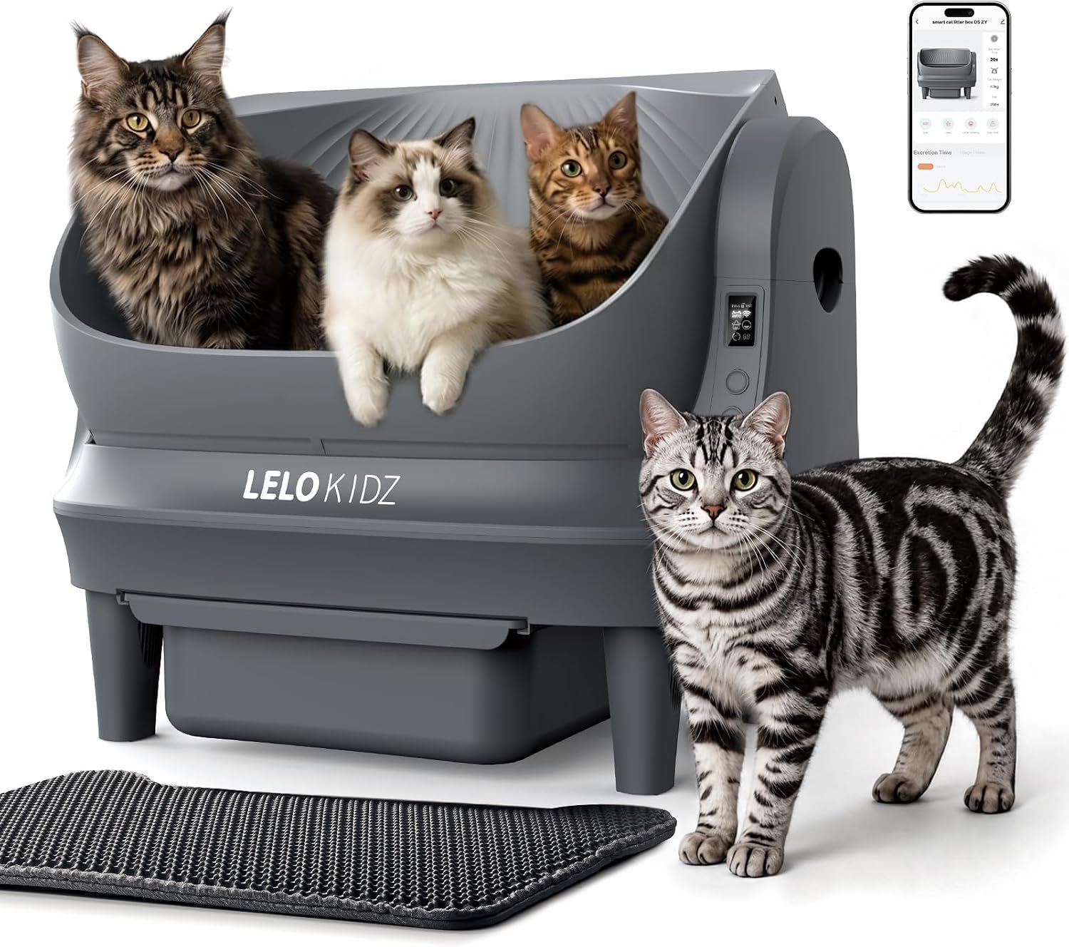 Self Cleaning Litter Box, Open Top 105L Automatic Litter Box for Multiple Cats, App Control, Safety Sensor, Anti-Pinch, Includes Mat & Liner – Gray