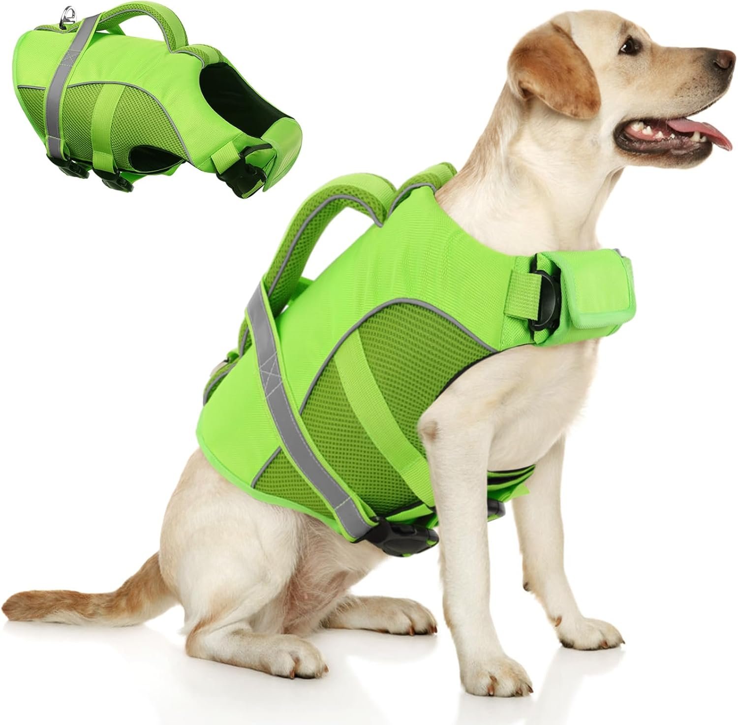 Queenmore Dog Life Jacket, Adjustable Ripstop Dog Life Vest for Swimming Boating, Doggy Lifesaver with Superior Buoyancy and Rescue Handle, Pet Swimming Vest for Large Dogs（Green,L）