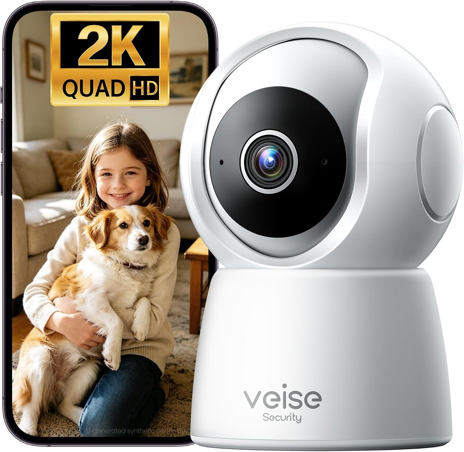 Veise 2K Indoor Camera for Home Security, Baby Monitor, WiFi Pet Dog Camera