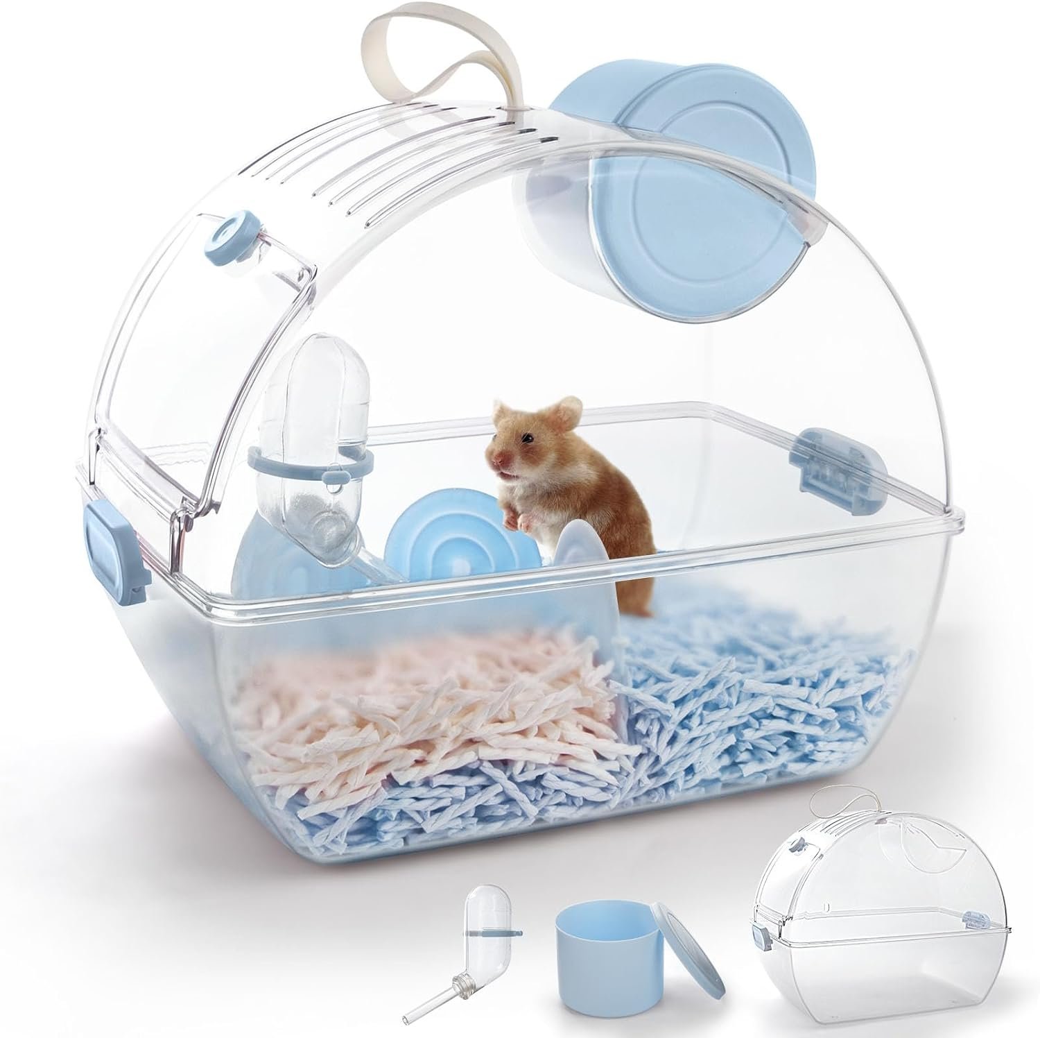 Small Portable Hamster Cages,Big Size(13×8.2×10.8”) Hamster Carrier with Water Bottle,Dwarf Hamster Travel Cage with Storage Box,360º Transparent Acrylic Pet Travel Carrier,Mouse Gerbil Cage(Blue)