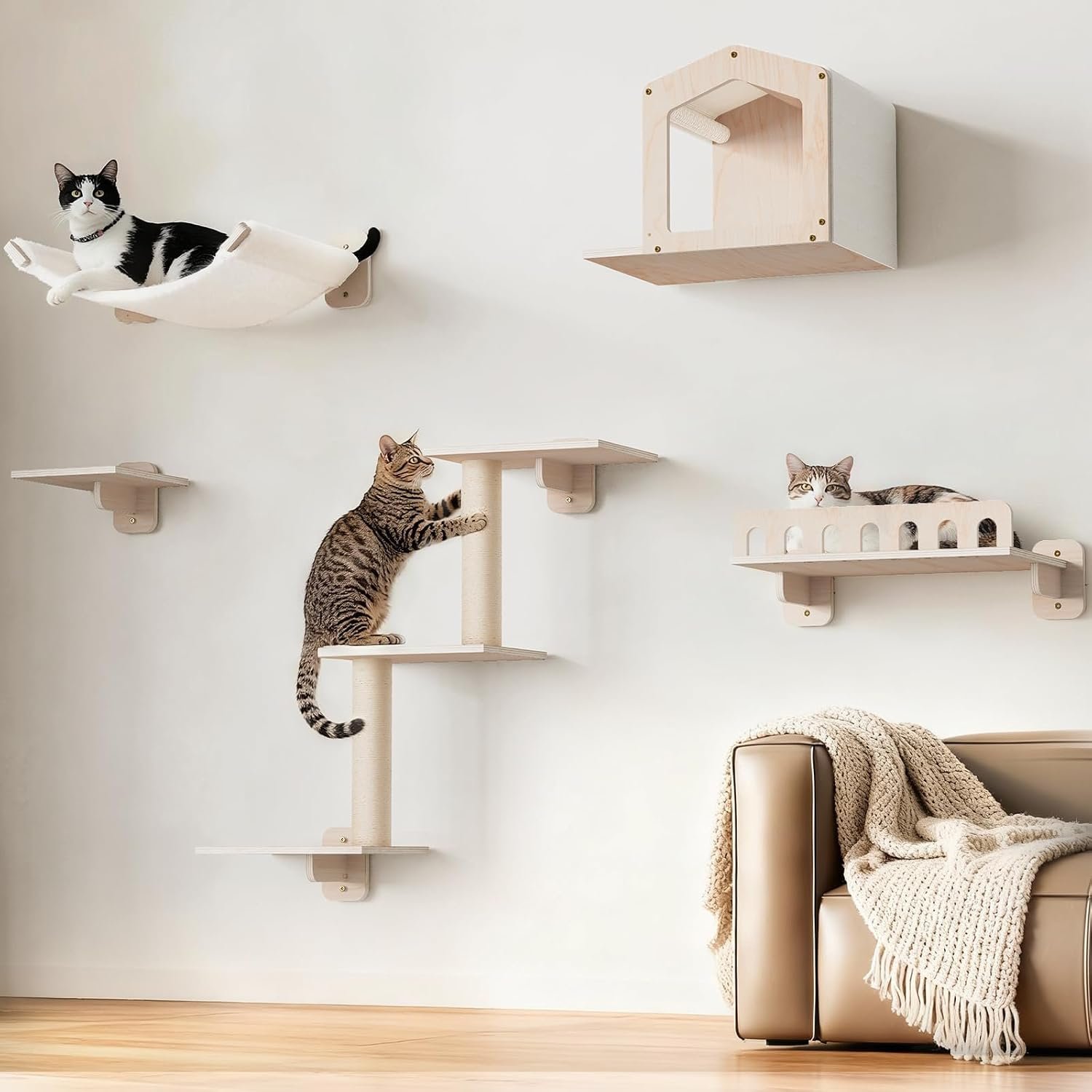 5-in-1 Cat Wall Shelves for Large Cat, Large Hammock, Wide Perch