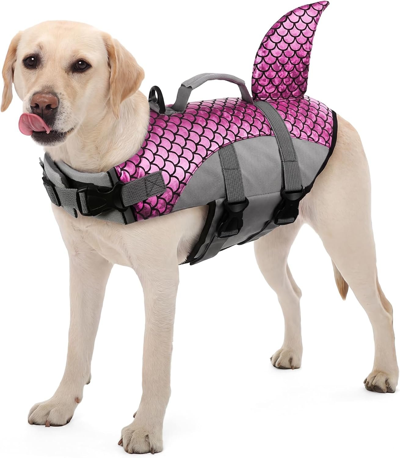 Kuoser Dog Life Jacket with Shark Fin, Ripstop Durable, Pink 2XL | High Float 600D Oxford Ripstop for Durability, Shark Fin Design Visible & Cute, Pet Life Vest for Swimming, Boating, Beach