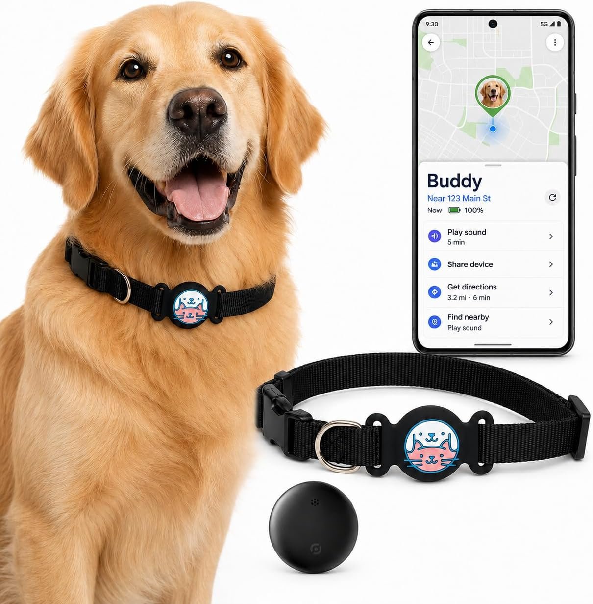 GPS Dog Tracker Collar, Android Only Pet Tracker with Adjustable Collar Compatible with Google Find My, Waterproof Smart Tag Dog Collar, No Monthly Fee, for Small Medium Large Dogs