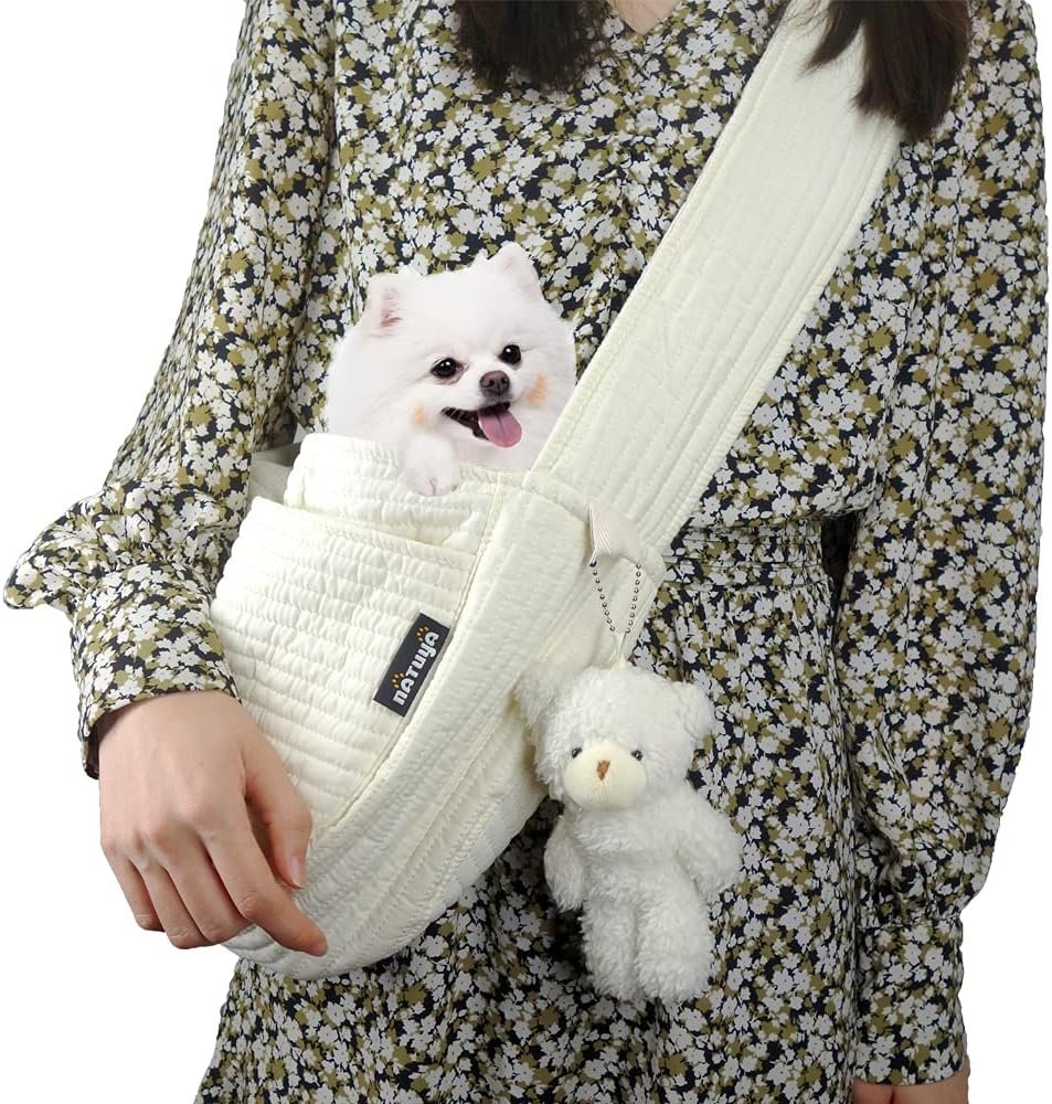 NATUYA Small Dog Cat Carrier Sling, Adjustable Canvas Pet Puppy Pouch,White