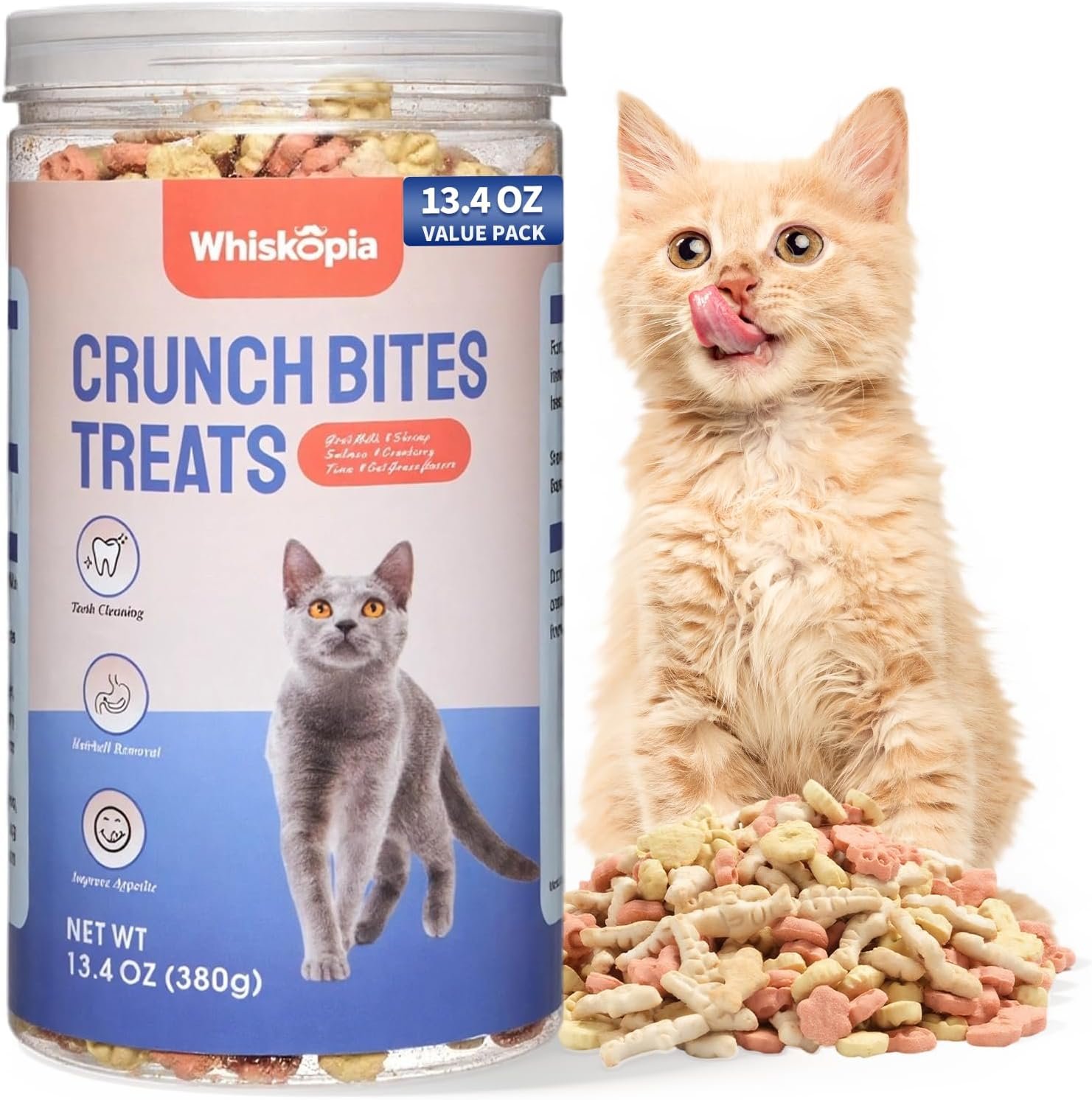 13.4 OZ Catnip Cat Treats for Indoor Cats, Mixed Flavor Biscuits with Salmon Shrimp Tuna Cat Grass, Hairball Control & Dental Care Kitten Snacks Crunchy Training Bites for Teeth Cleaning