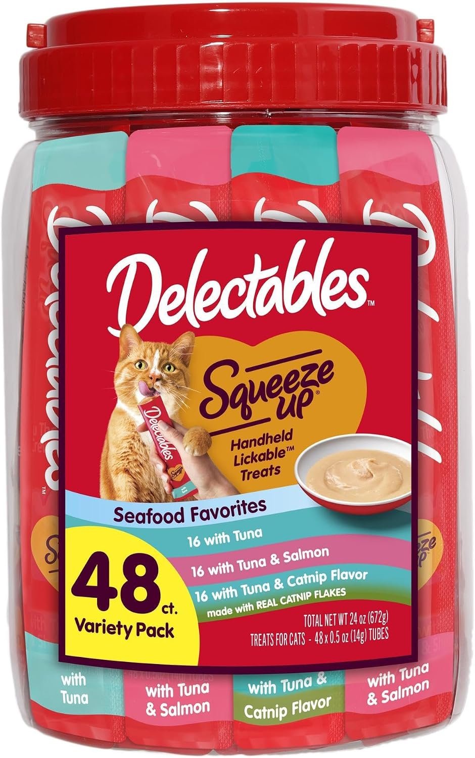 Delectables Squeeze Up Tuna with Salmon & Catnip Variety Pack, Creamy Squeezable Puree, Lickable Wet Cat Treats, Grain-Free, No Added Fillers, 0.5 Ounces Tube, 48 Tubes Total