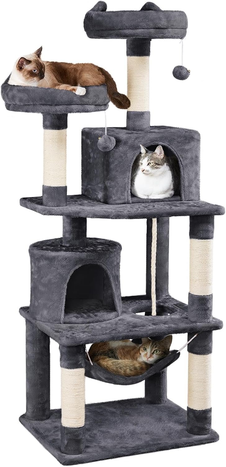 Yaheetech 62.5in Tall Cat Tree w/2 Cat-Ear Perches & 2 Condos, Dark Gray | Multi-level cat tower with scratching posts, hammock, sturdy 24 x 19in base and 88 lb capacity for medium & large indoor cats