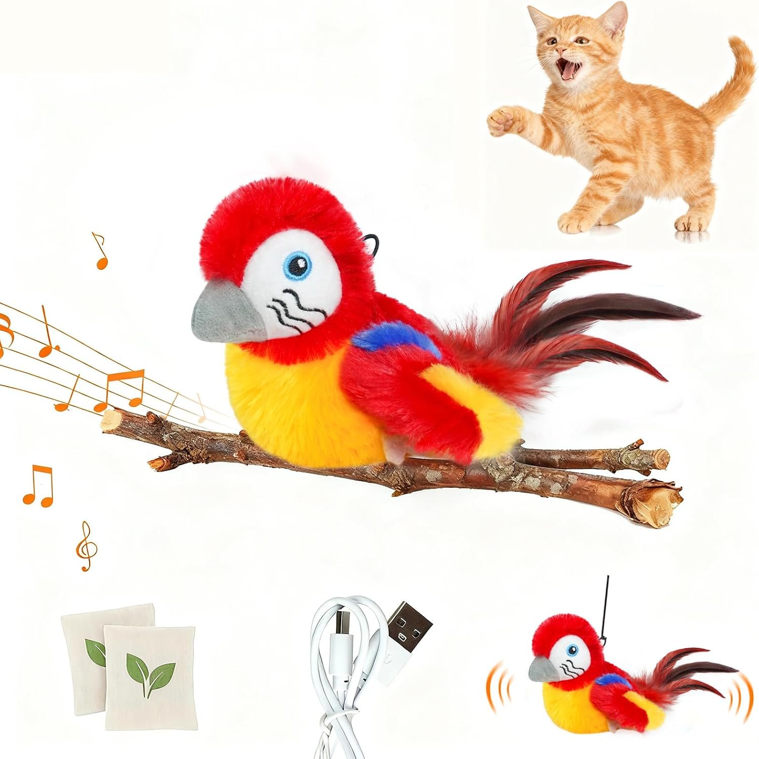 Cat Toys Flapping Bird(Cannot Fly), Electric Simulated Chirping Bird Interactive Kitten Toy with Flappy Wings, Rechargeable Touch Activated Toy with Catnip and Feather for Indoor Cats – Red
