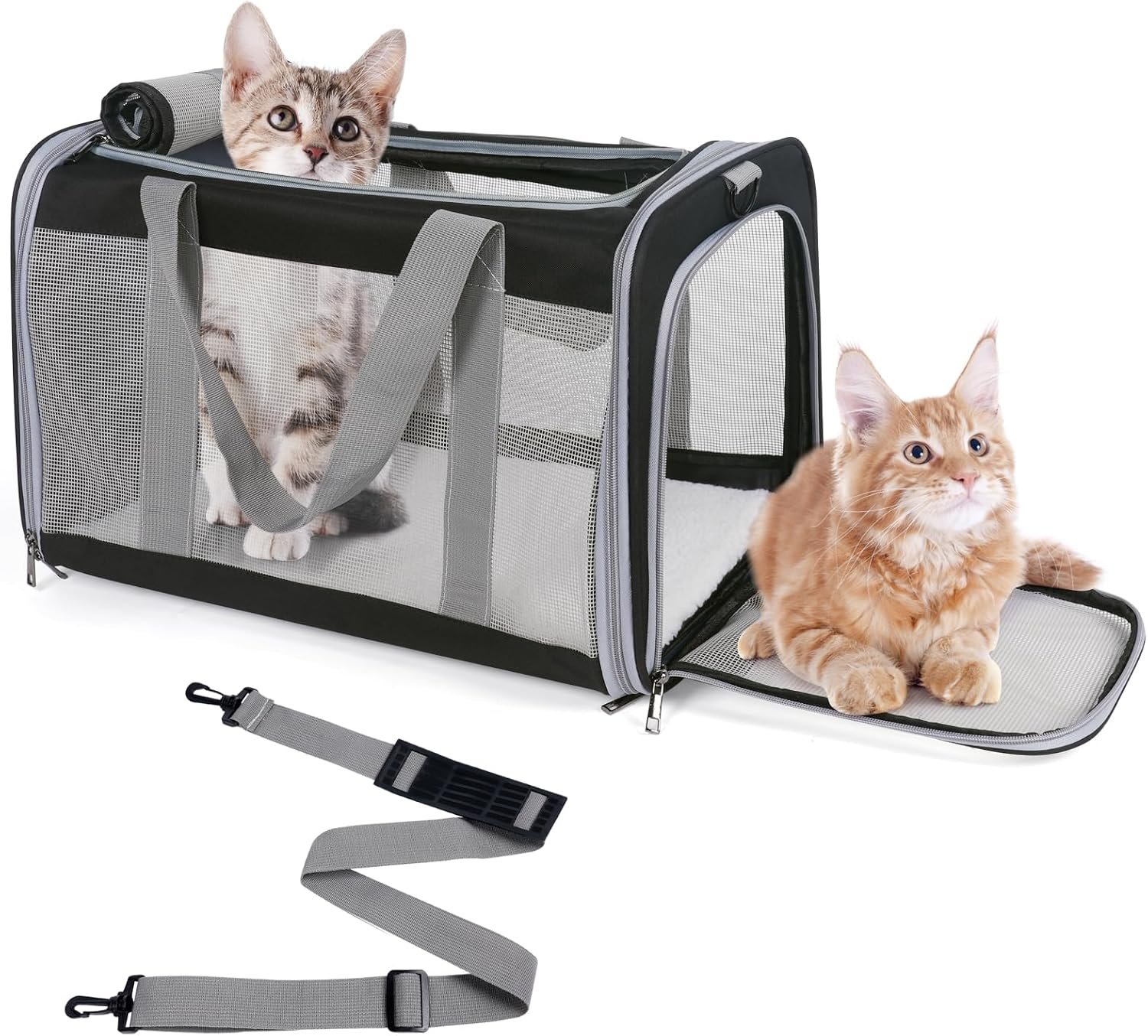 Pet Carrier for Cats Up to 16 Lbs, Collapsible Bag for Medium Cat or Kittens, Soft Sided Puppy Carrier with Sturdy Transport Strap, Adequate Ventilation, 4 Mesh Windows (Black)