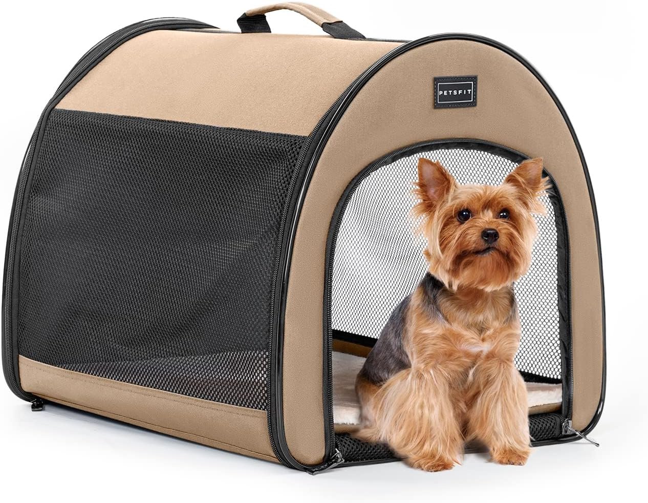 PETSFIT Portable Dog Crate, Travel Dog Crate – 19 Inch Lightweight, Roomy, Easy to Set Up, Sturdy Collapsible Dog Kennel with Thick Mat, Khaki