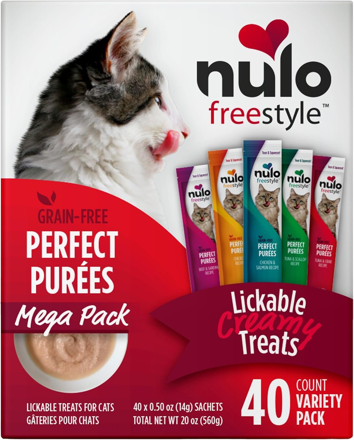 Nulo Freestyle Lickable Cat Treats – Perfect Purées Variety Pack, Squeezable Grain-Free Wet Cat Food Topper, High Moisture for Hydration, 40 x 0.5oz