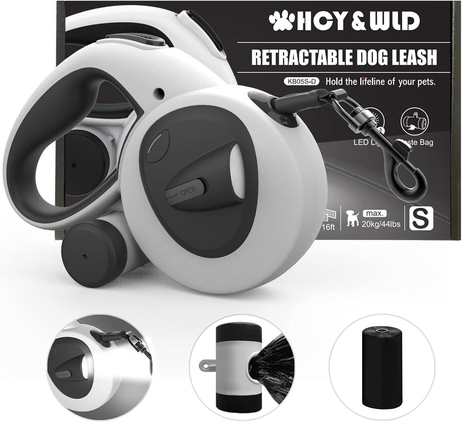 4-in-1 Retractable Dog Leash with LED Light & Dispenser & Poop Bags