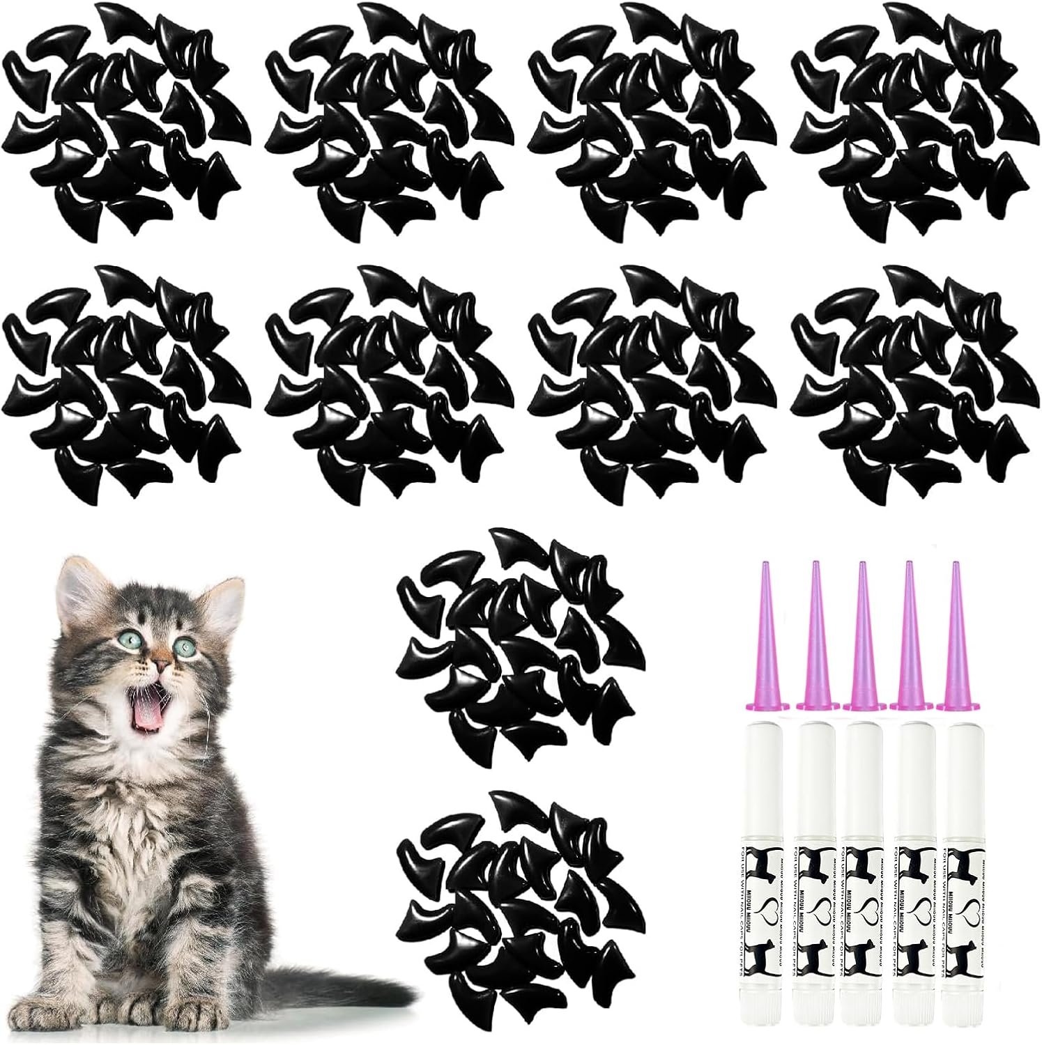 100 pcs Cat Nail Caps | Cat Claw Covers with Adhesives and Applicators | Black (XS)