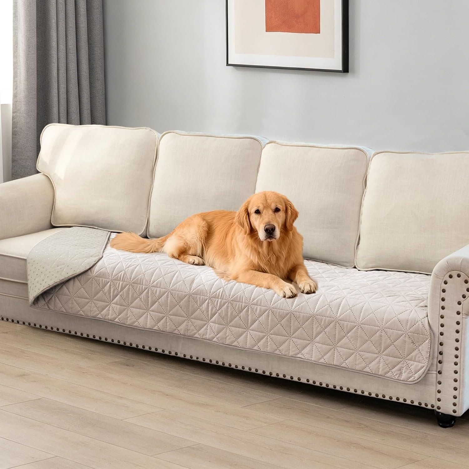 Ameritex Sofa Cover Waterproof for Seats Couch Cover for Dogs Pet Couch Cover Velvet for Chair Loveseat Sofa Machine Washable (Beige, 30×80 Inch)