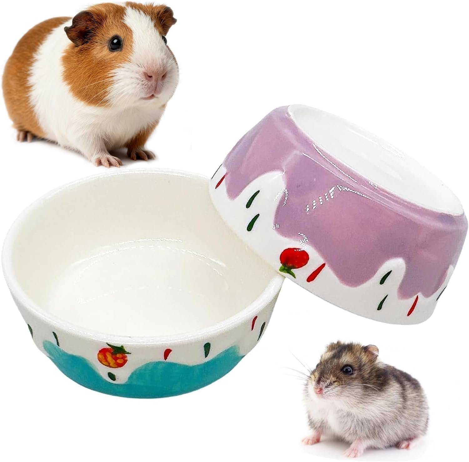 2 Pack Hamster Food Bowl Guinea Pig Ceramic Food Water Bowl Prevent Tipping Moving for Gerbil Chinchilla Hedgehog Rat (Color: Purple + Blue)