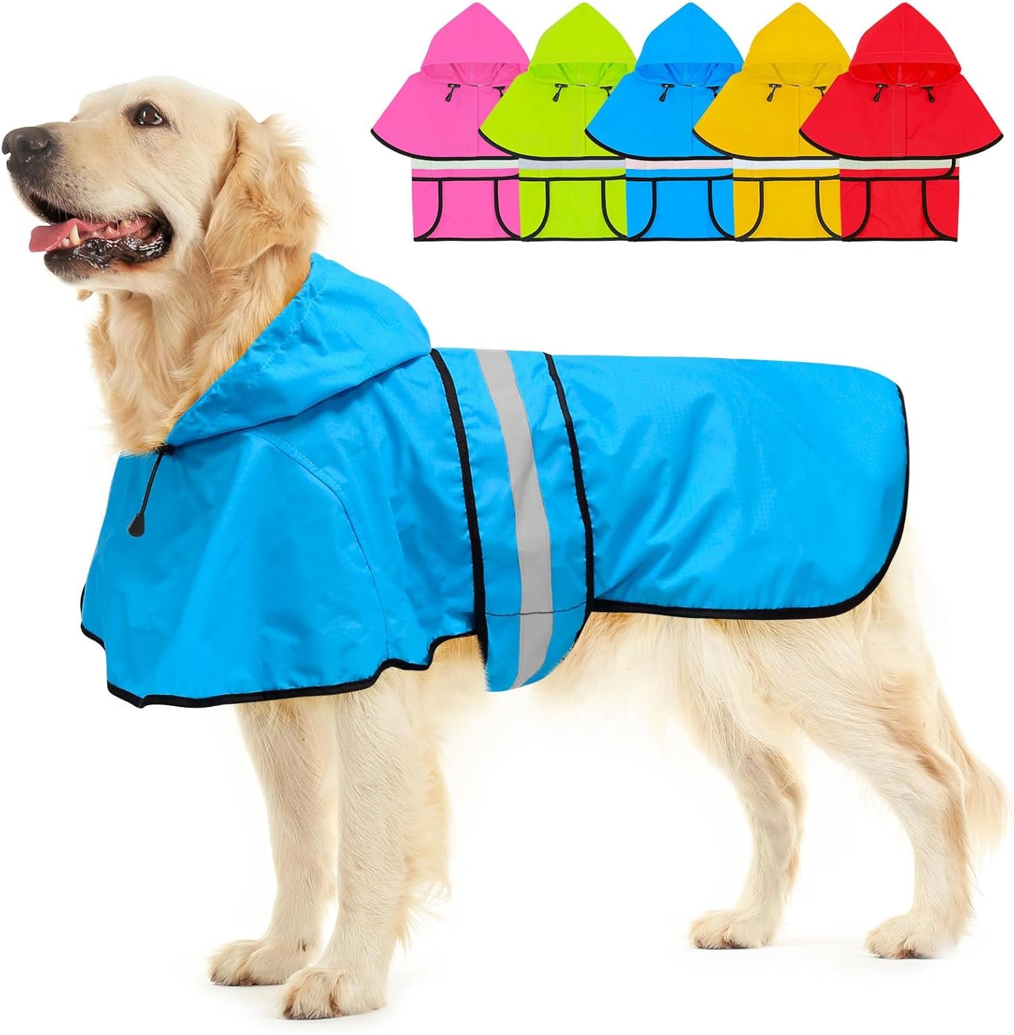 Hooded Dog Raincoat – Reflective Waterproof Rain Jacket for Small Medium Large Dogs, Lightweight with Adjustable Straps (Large, Blue)
