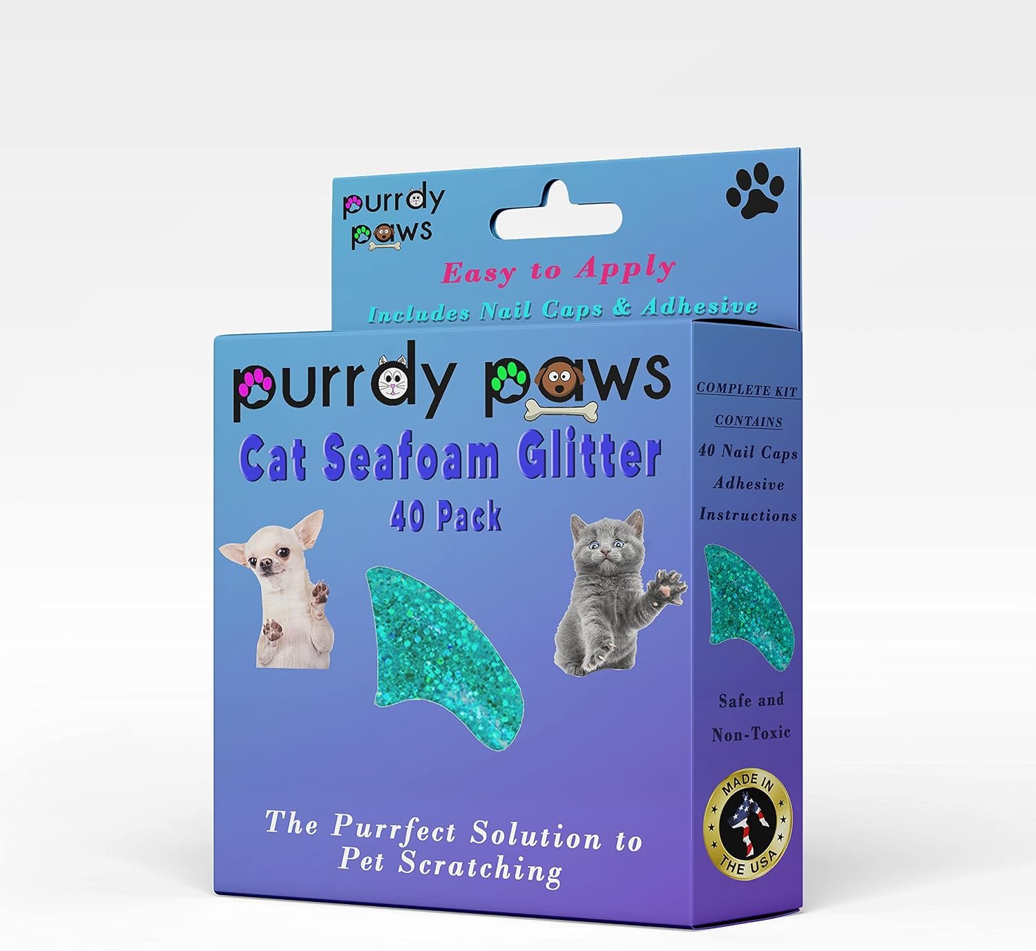 40 Pack Soft Nail Caps for Cat Claws Seafoam Glitter Small