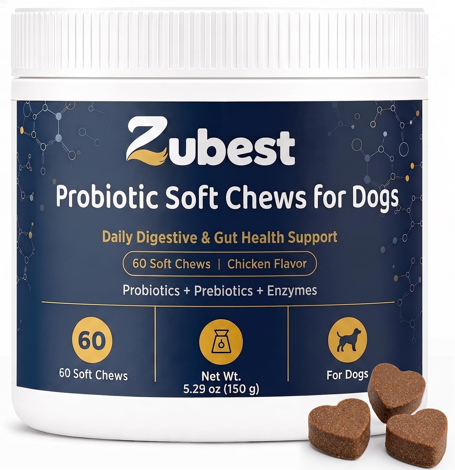 Zubest Probiotics for Dogs Soft Chews, 3 Billion CFU, Prebiotics, 60 Chews