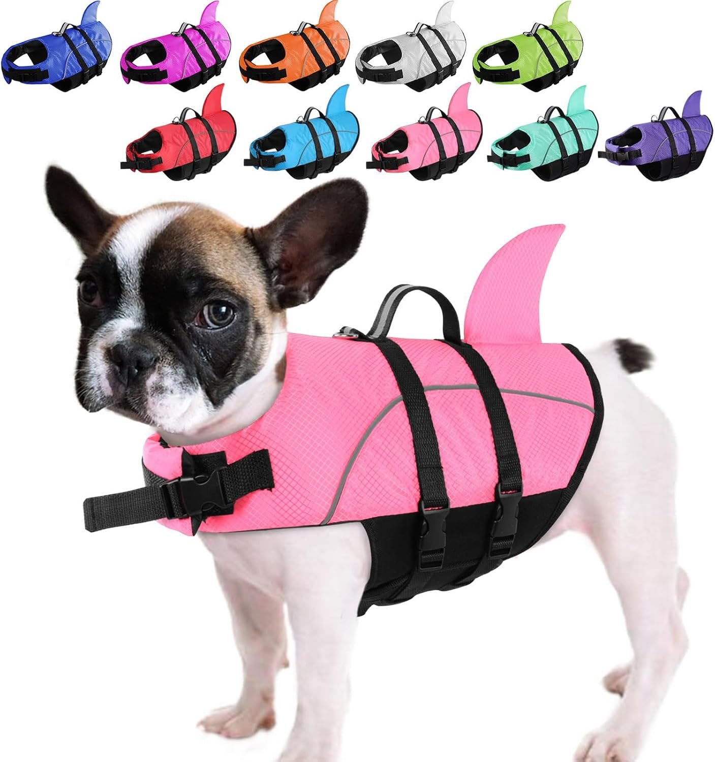 Queenmore Small Dog Life Jacket Shark Light Puppy Life Vest for Swimming | Dog Life Vest for Boating Kayaking Canoeing – High Buoyancy Reflective Pet Lifesaver with Rescue Handle/ Leash Hook Pink,XS