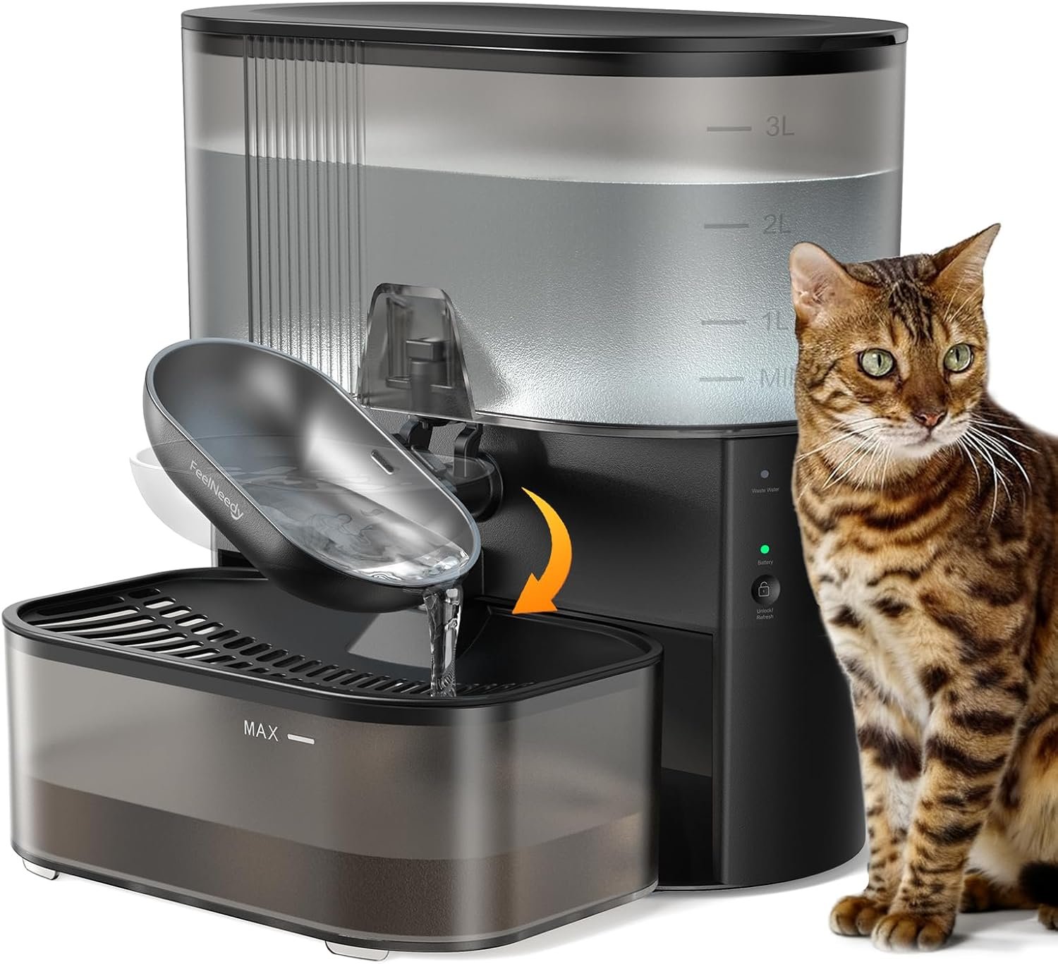 Wireless Cat Water Fountain No Filters, Wastewater Separation, FEELNEEDY Stainless Steel Bowl, 3.5L Pet Water Fountain for Cats & Dogs Dispenser, Black