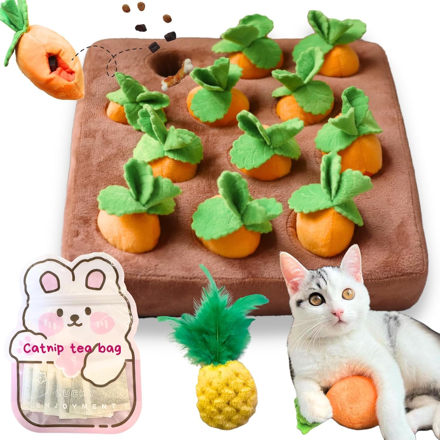 CECE PAW Carrot Catnip Toys, Interactive Feather Cat Toys for Indoor Cats, Cat Puzzle Toys for Boredom and Mental Stimulation, 12 Squeaky Carrots with Treat Pockets and 12 Catnip Tea Bags