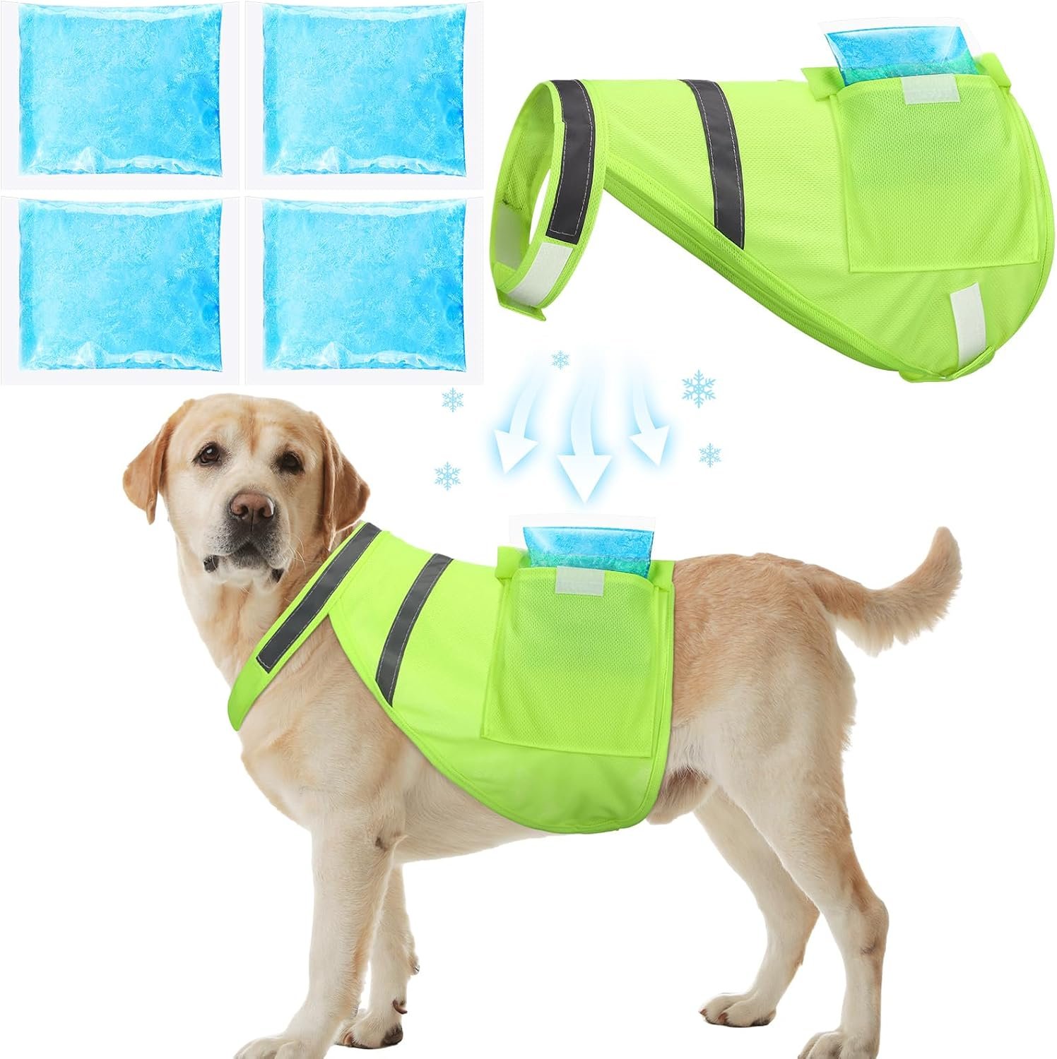 Aliceset 2 Pcs Dog Cooling Vest with 4 Recyclable Ice Pack Summer Outdoor Dog Cooling Harness Shirt Adjustable Pet Cooler(Fluorescent Green,Large)