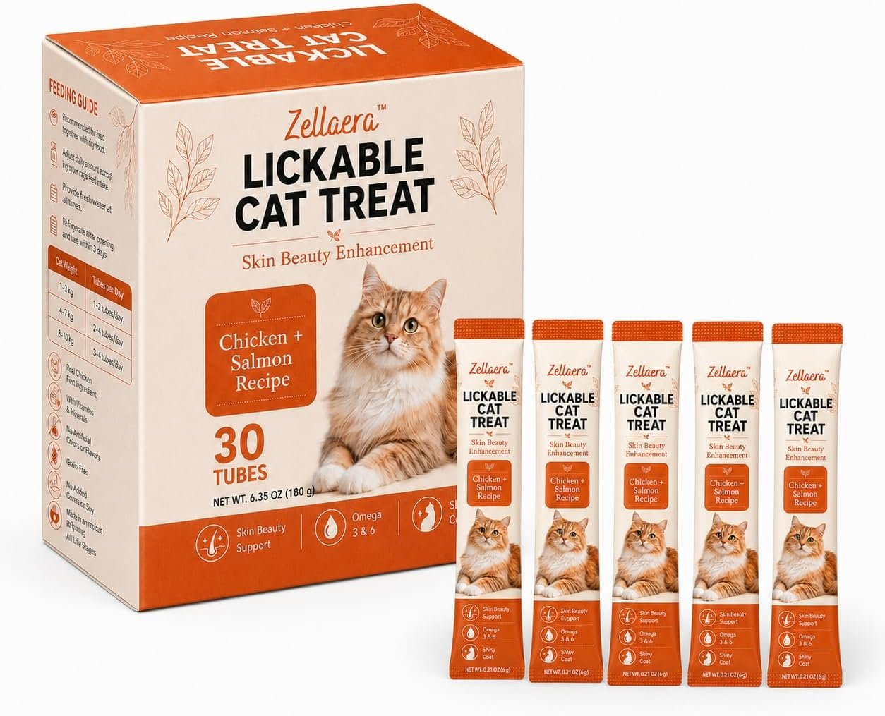 Lickable Cat Treats Chicken & Salmon, Skin & Coat Support with Omega-3, 30 Tubes