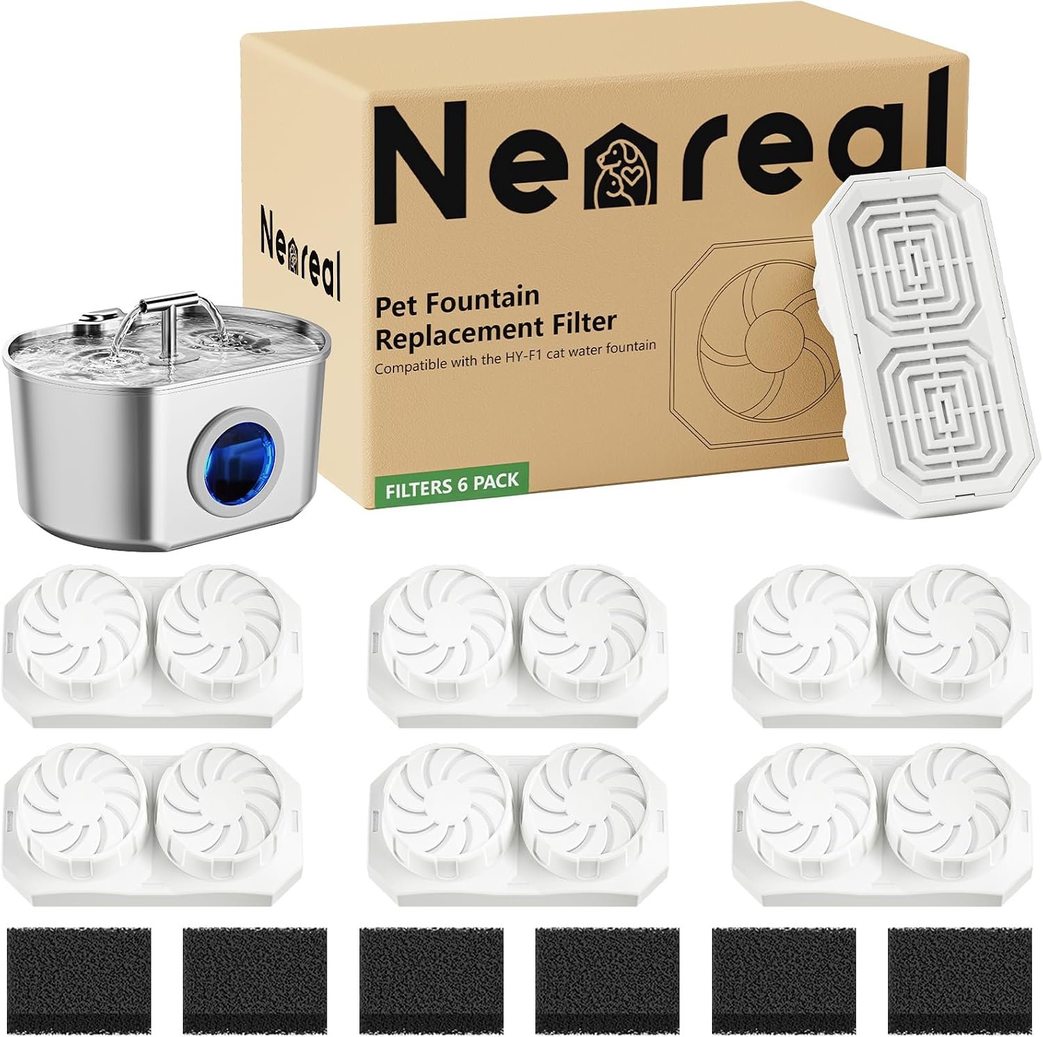 Neareal Official 6-Pack Replacement Filters for 74oz/2.2L Pet Fountain