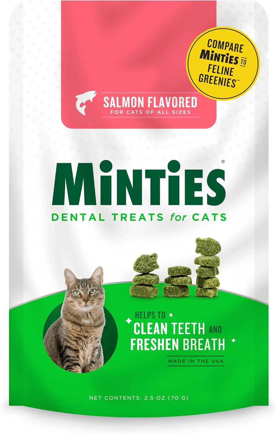 Minties Dental Treats for Cats, (Chicken/Salmon) Flavored Treats for Cats, Freshens Breath and Controls Tartar, 2.5oz