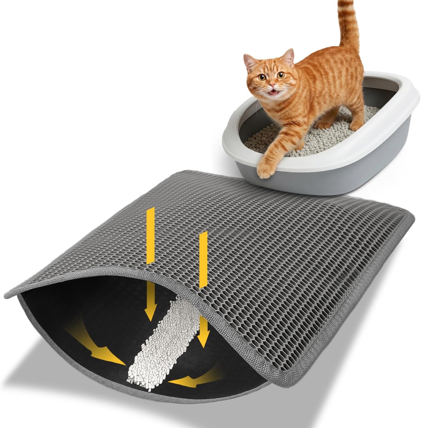 Conlun Cat Litter Trapping Mat for Small Spaces, 23.6″x14.6″ Space-Saving Litter Box Floor Mat, Hexagon Grids & Anti-Leak Base, Machine Washable, Non-Slip Kitty Matt for Apartment, Gray