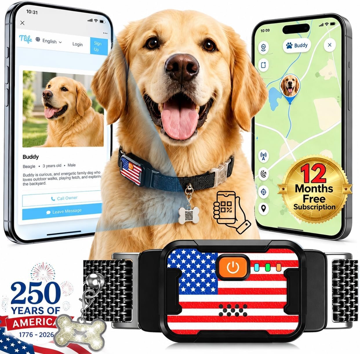 Smart Dog GPS Tracker, Complimentary 12-Month Subscription, Live Pet Tracker with Virtual Fence, Dog Tracker for Dogs with Health & Behavior Monitoring, Escape Alerts, with Virtual Fence, Black