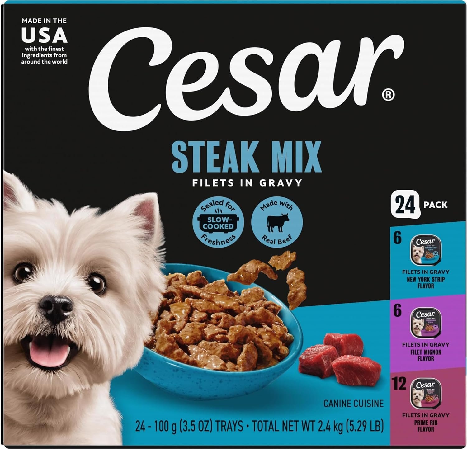 Cesar Filets in Gravy Wet Dog Food, Steak Mix Variety, 3.5 oz, 24 Count