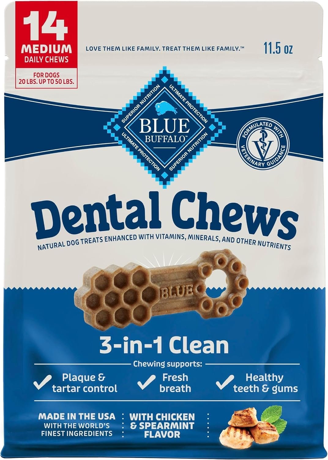 Blue Buffalo Chicken & Spearmint Medium Dental Chews, 11.5 oz, 14 ct