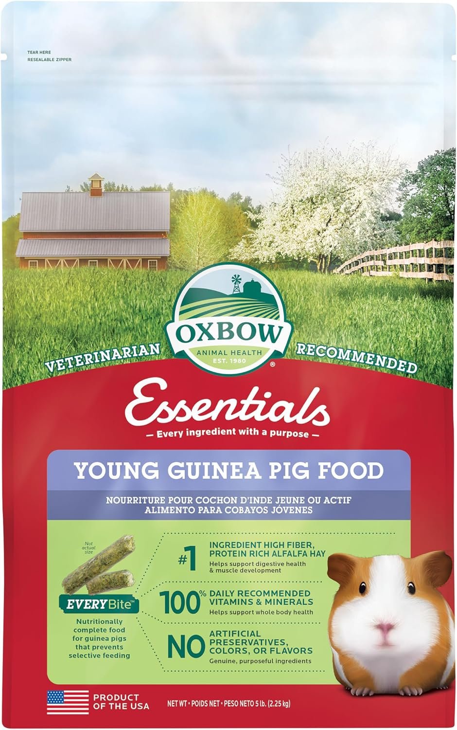 Oxbow Essentials Young Guinea Pig Food, High Fiber Guinea Pig Pellets, 5 lb