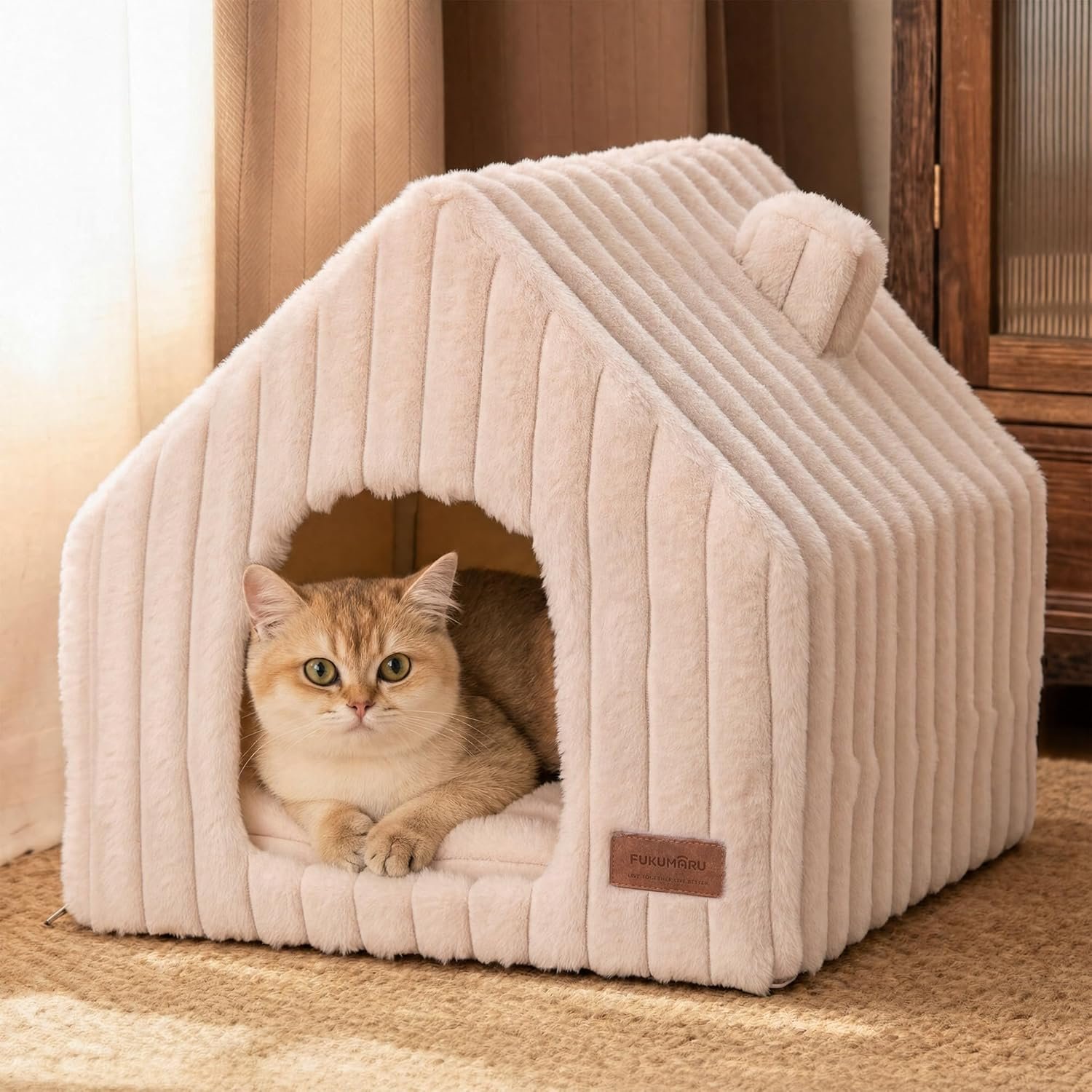 FUKUMARU Cat Bed Cave, Enclosed Washable Covered Dog Bed with Support Frame
