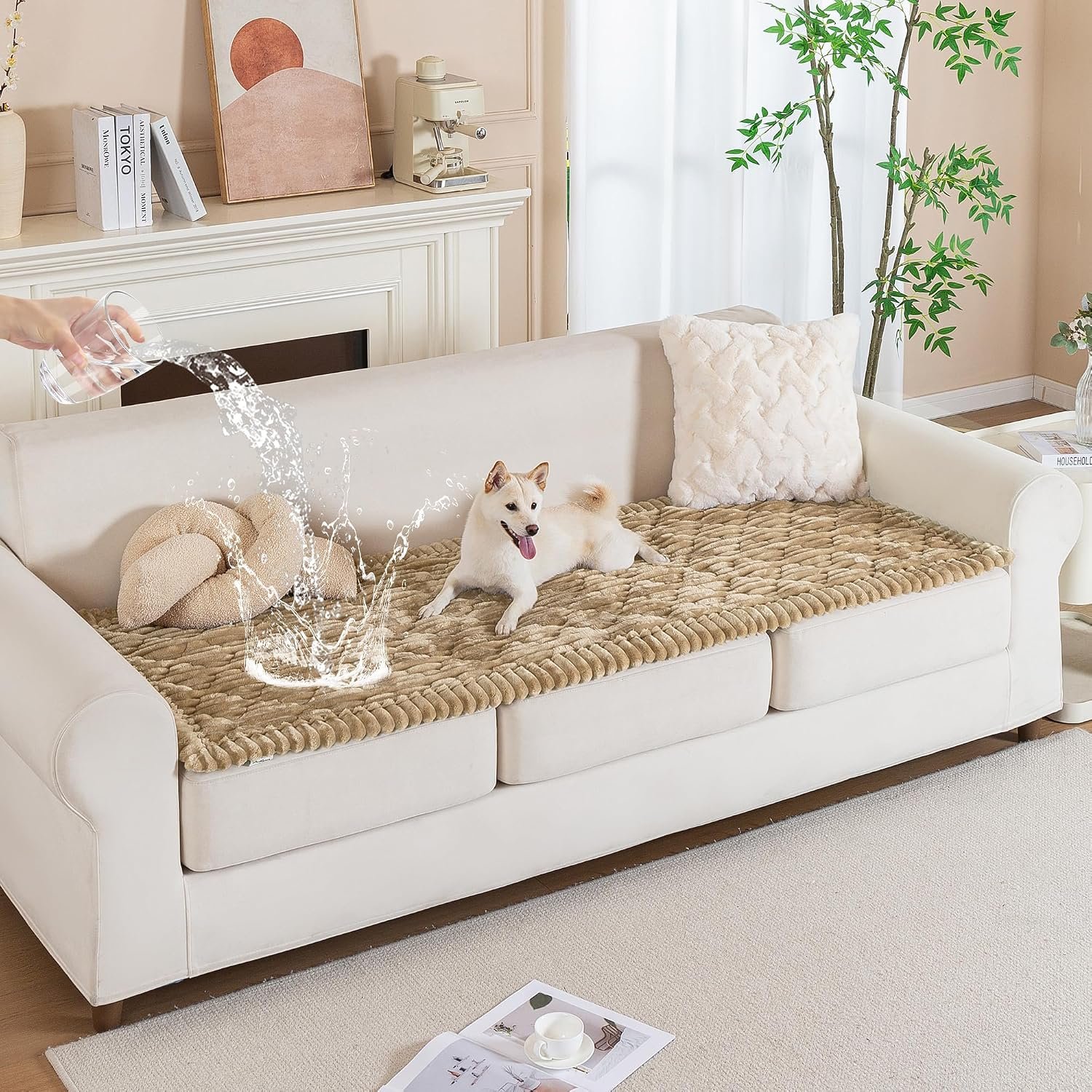 PuTian 100% Waterproof Fuzzy Couch Cover for Dogs Khaki 27.6″x59″