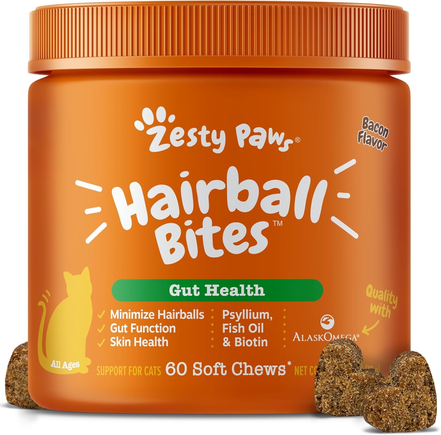Zesty Paws Hairball Bites for Cats – Cat Furball Support – Functional Supplement with Omega 3 Fish Oil EPA & DHA + Zinc, Biotin & Psyllium Husk – Supports Gut & Skin Health – 60 Count