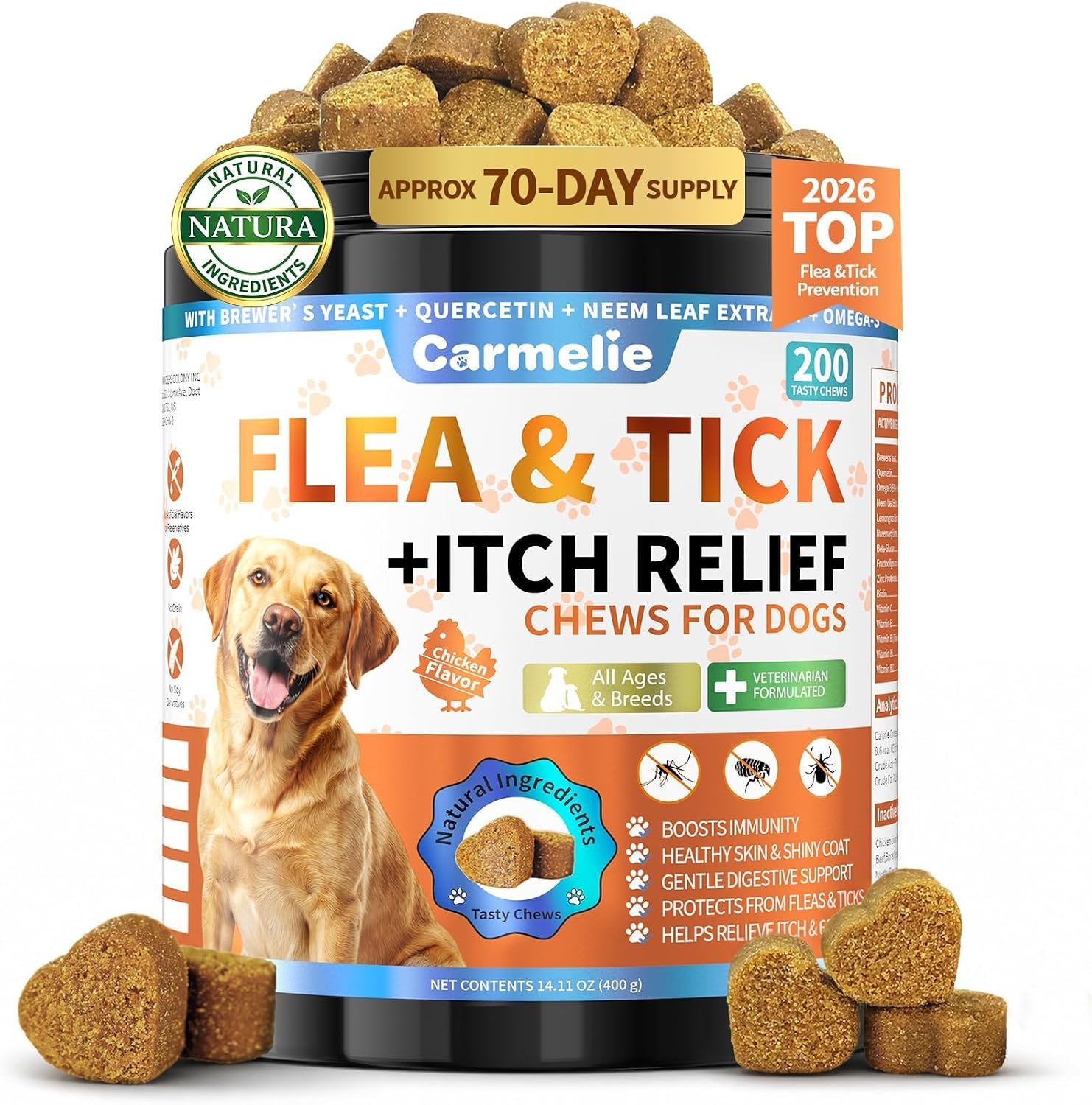 Carmelie Flea and Tick Prevention for Dogs, Flea & Tick + Itch Relief Chews