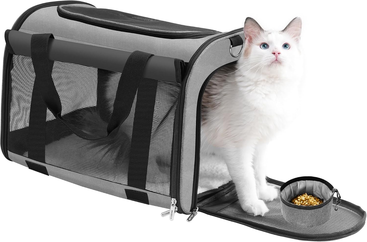 TWDEPART Cat Carrier Backpack – Multifunctional, Firm & Foldable with Roll-Up Shade, Breathable Design Includes Collapsible Bowl & Cushion (Grey)