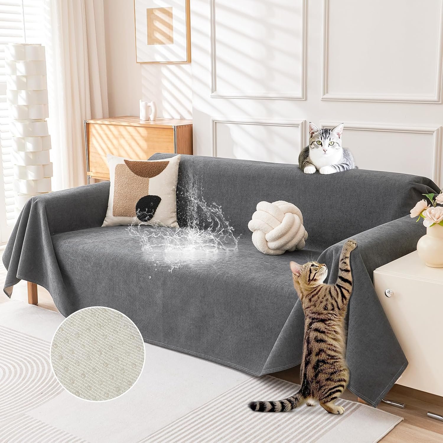 Deep Dream Cat-Scratch Resistant Couch Cover, Waterproof Sofa Cover for 3 Cushion Couch Washable, Pet Friendly Couch Protectors Anti Slip Thickened Love Seat Slipcovers for Pets, 71″ x 118″, Dark Grey