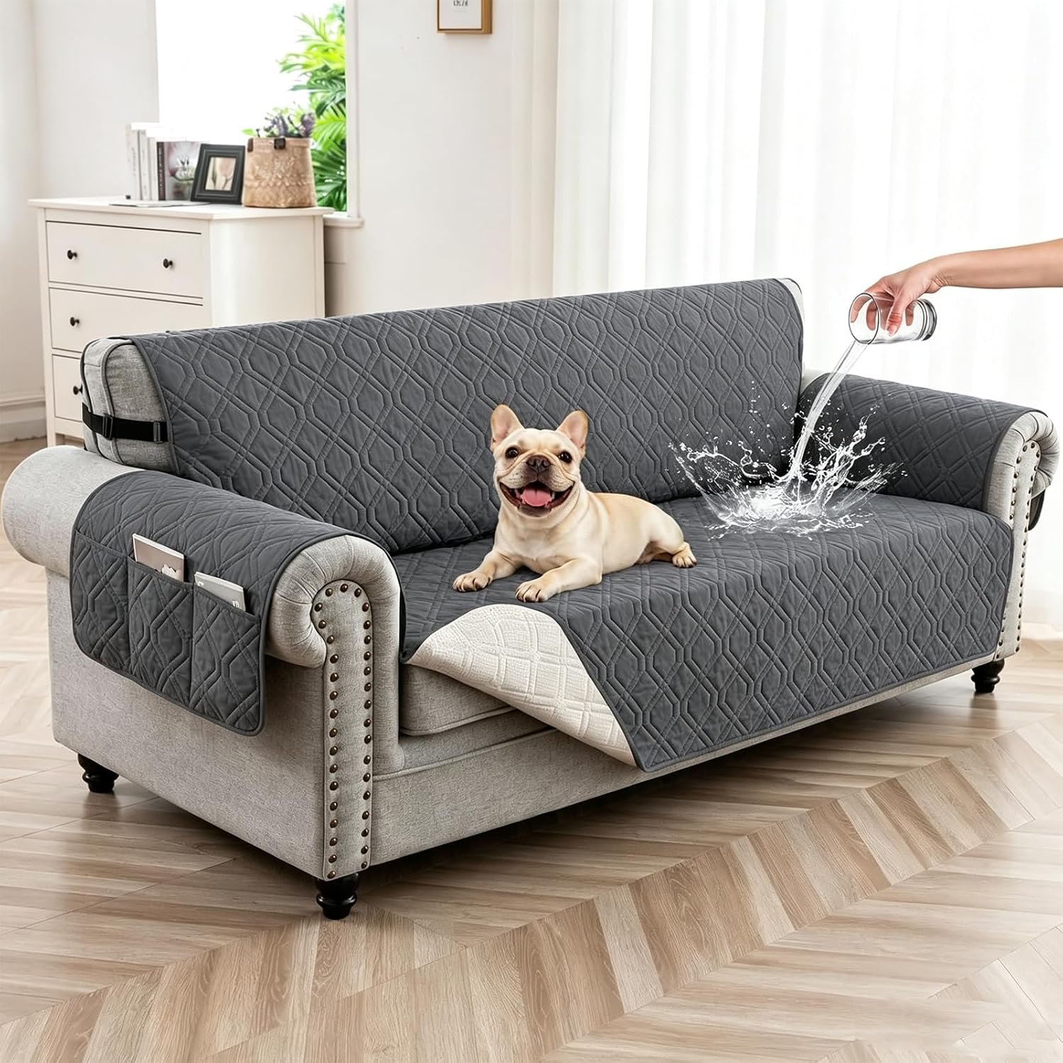 100% Waterproof Couch Cover,Sofa Cover, Straps&Pockets,pet Friendly,68″ Gray