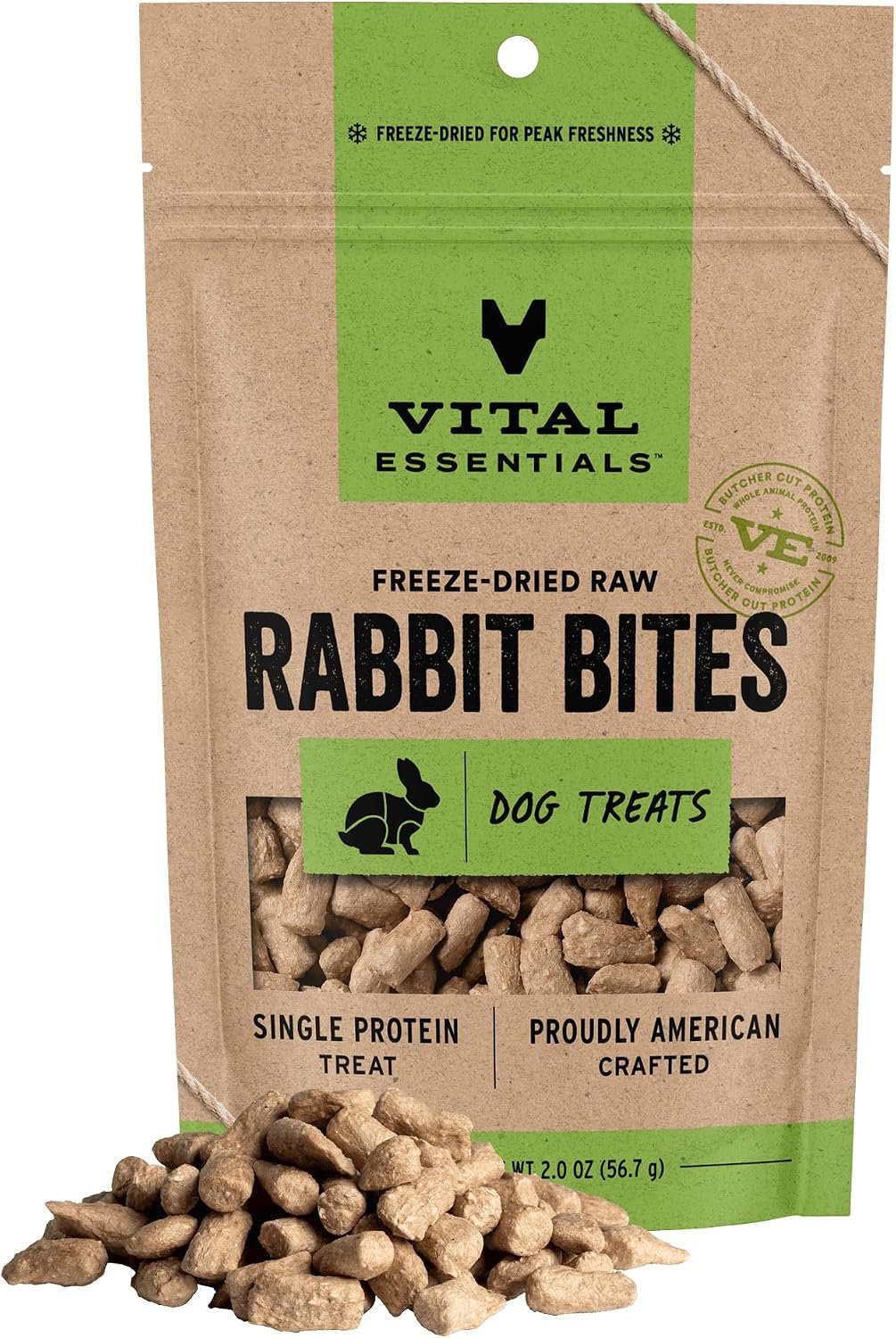 Vital Essentials Freeze Dried Dog Treats, Rabbit Bites, 2 oz Bag