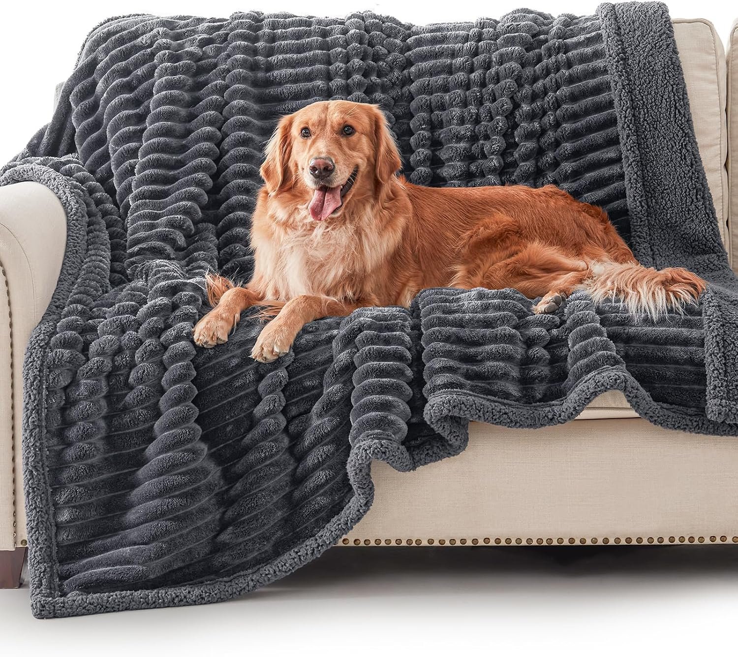 AIPERRO Waterproof Dog Blanket for Large Dogs, Washable Soft Puppy Cat Blanket Flannel Cotton Velour for Sofa Couch Protector, Comfort & Security Reversible Bed Protection for Pet, 50″X60″, Gray